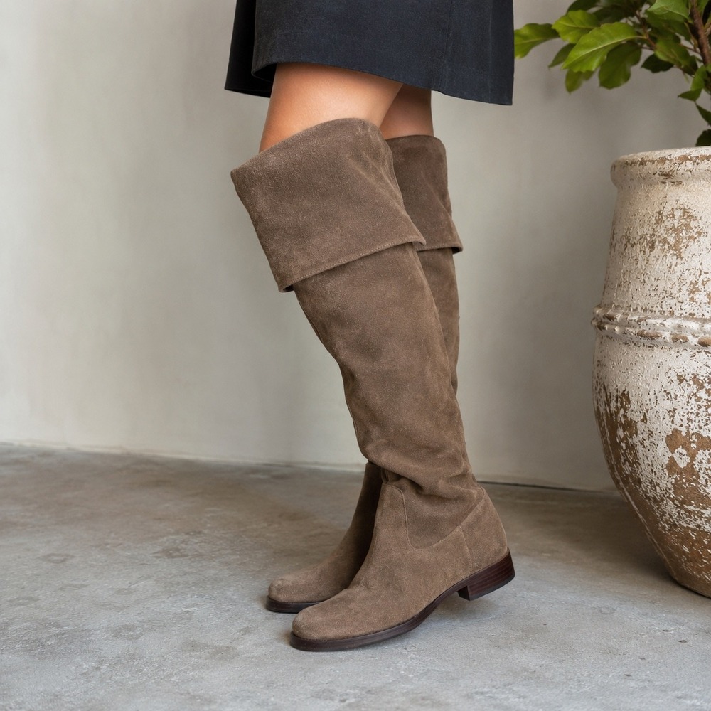 Ralph Lauren OTK Boots Womens 7.5 B Taupe Brown Suede Fold Over Cuff Flat Rad